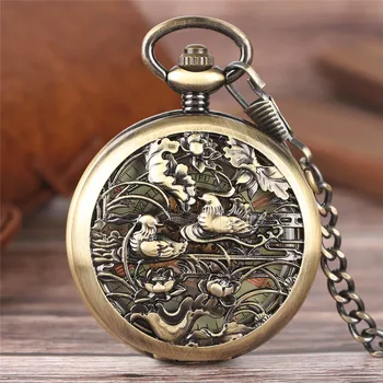 

Oriental Mechanical Pocket Watch Chinese Mandarin Lovebirds Hollow Carving Fob Chain Special Couples Clock Lovers Valentine Gift