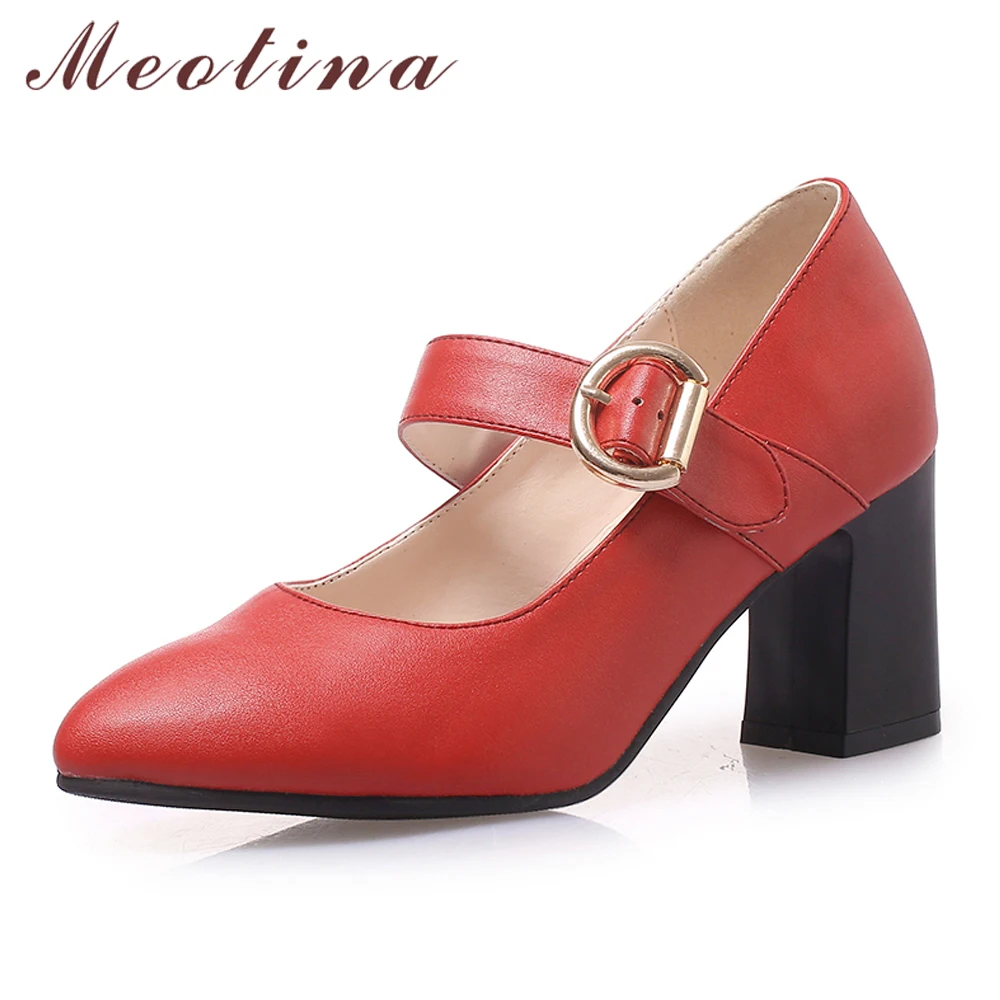 

Meotina High Heels Mary Janes Shoes Women Buckle Square High Heels Shoes Fashion Office Ladies Pumps Spring Red Plus Size 33-45
