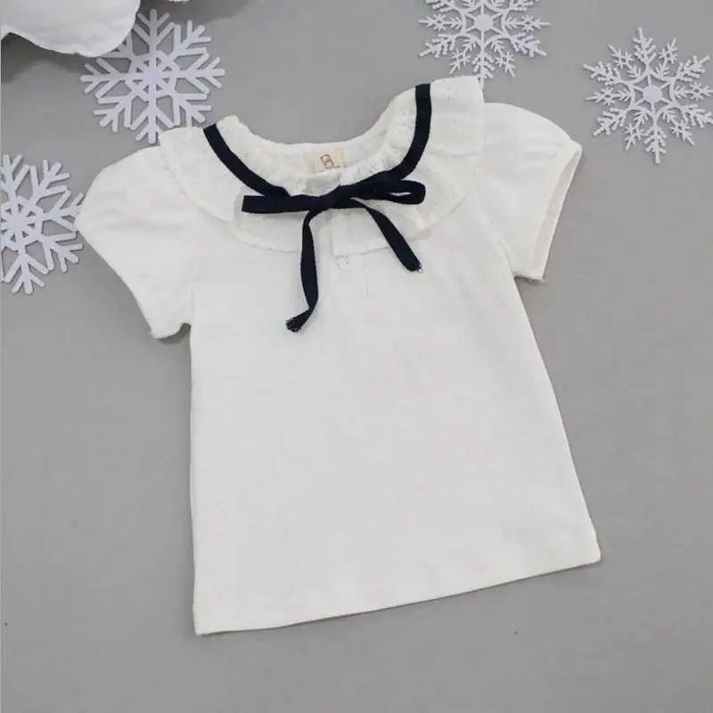 luvsecmin 2017 Summer Little Girls Shirt Cotton White Short Sleeve Bow