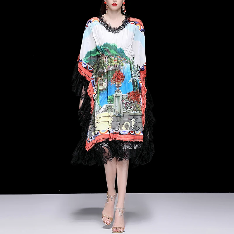 

Red RoosaRosee Summer 2019 New Women's Batwing Sleeve Elastic Waist Loose Lace Patchwork Print Dress Casual Bohemian Dresses