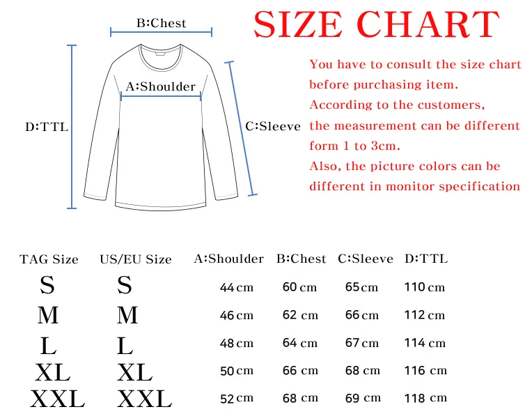 Long jacket Chart Size