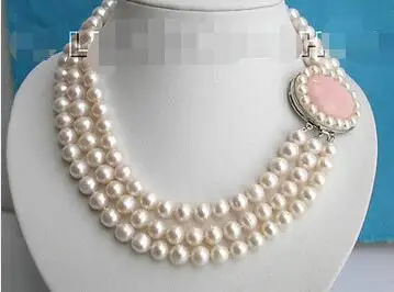 

Free Shipping>> new hot 10mm 3row round white freshwater pearls necklace jade c