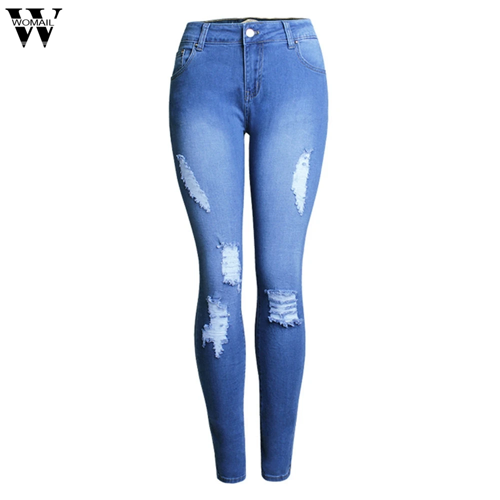 WOMAIL Women Fashion Cotton Hole Pencil Pants Skinny Full Points Pants High Waist Stretch Jeans