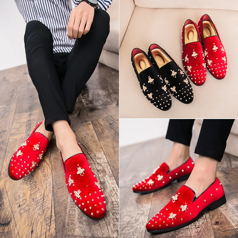 

CIMIM Brand Big Size Fashion Gold Pointed Toe Rivets Men Shoes Corduroy Dress Shoes Men'S Casual Loafers Suede Wedding Bee Shoes