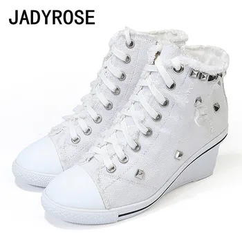 

White Canvas Women Wedge Ankle Boots Lace Up Studded High Heels Ladies Boots Shoes Platform Short Boots Shoes Woman Rivets Pump