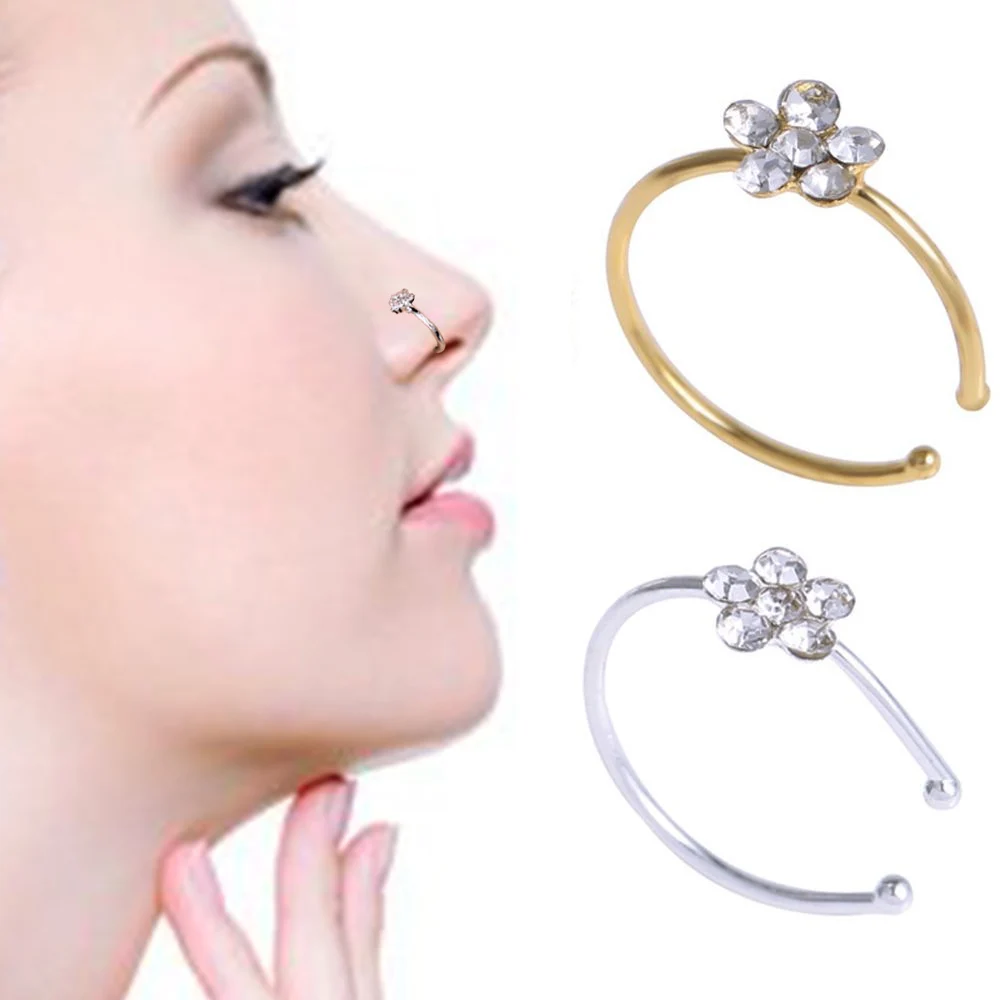 

Unisex Rhinestone Flower Fake Hoop Nose Ring Sparkly Nostril Hoop Ear Hoop Ring Body Jewelry For Party