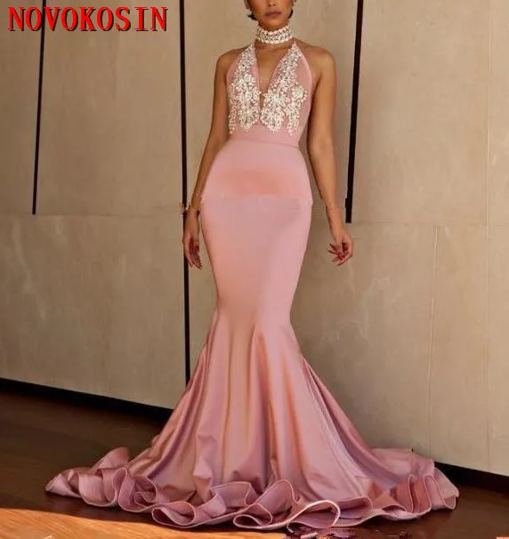 

2019 Backless Halter Court Train Deep V Neck Appliques Beads Formal Evening Party Gowns Mermaid Prom Dresses vestidos de fiesta
