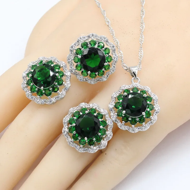 Новое поступление, наборы свадебных ювелирных изделий для женщин с зеленым кристаллом, серебряным цветом, серьги-гвоздики, браслет, кольца, ожерелье, подвеска