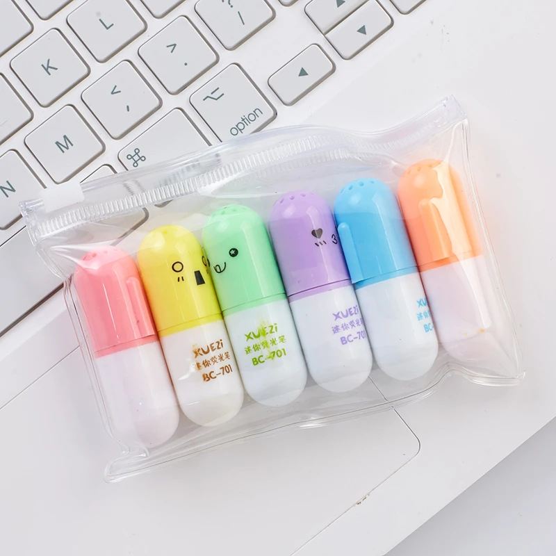 6pcs 귀여운 캡슐 형광펜 미니 알약 컬러 마커 스팟 포인트 라이너 편지지 사무실 F869