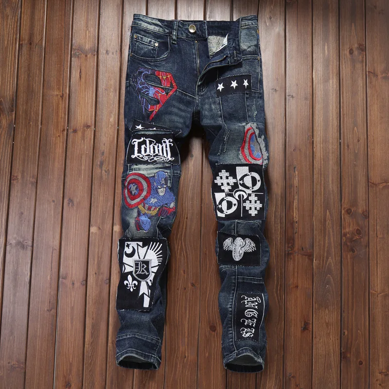 

Men's Fashion Print Jeans Patchwork Straight Full Length Button Jeans Mens Jeans Ripped Skinny Jeans Men Streetwear