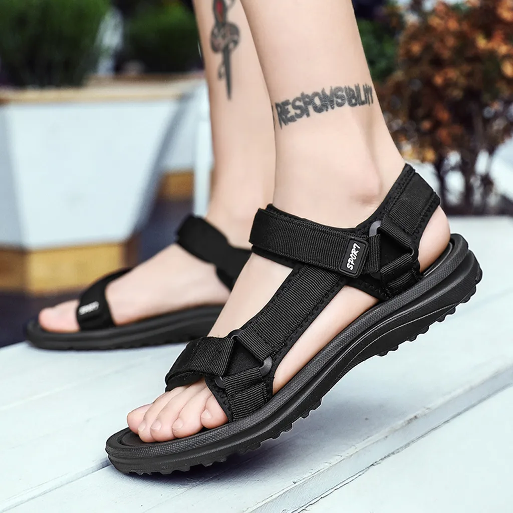 Summer Casual Style Summer Outdoor Mens Flats Casual Beach Athletic Shoes Breathable Sport Pu Leather Hook&Loop Sandals