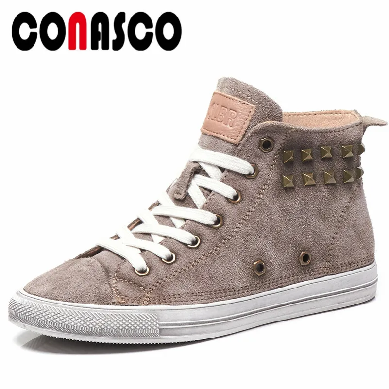 

CONASCO New Arrival Women Ankle Boots Cross-tied Punk Rivets Casual Sneakers Round Toe Quality Brand Cow Suede Flats Shoes Woman