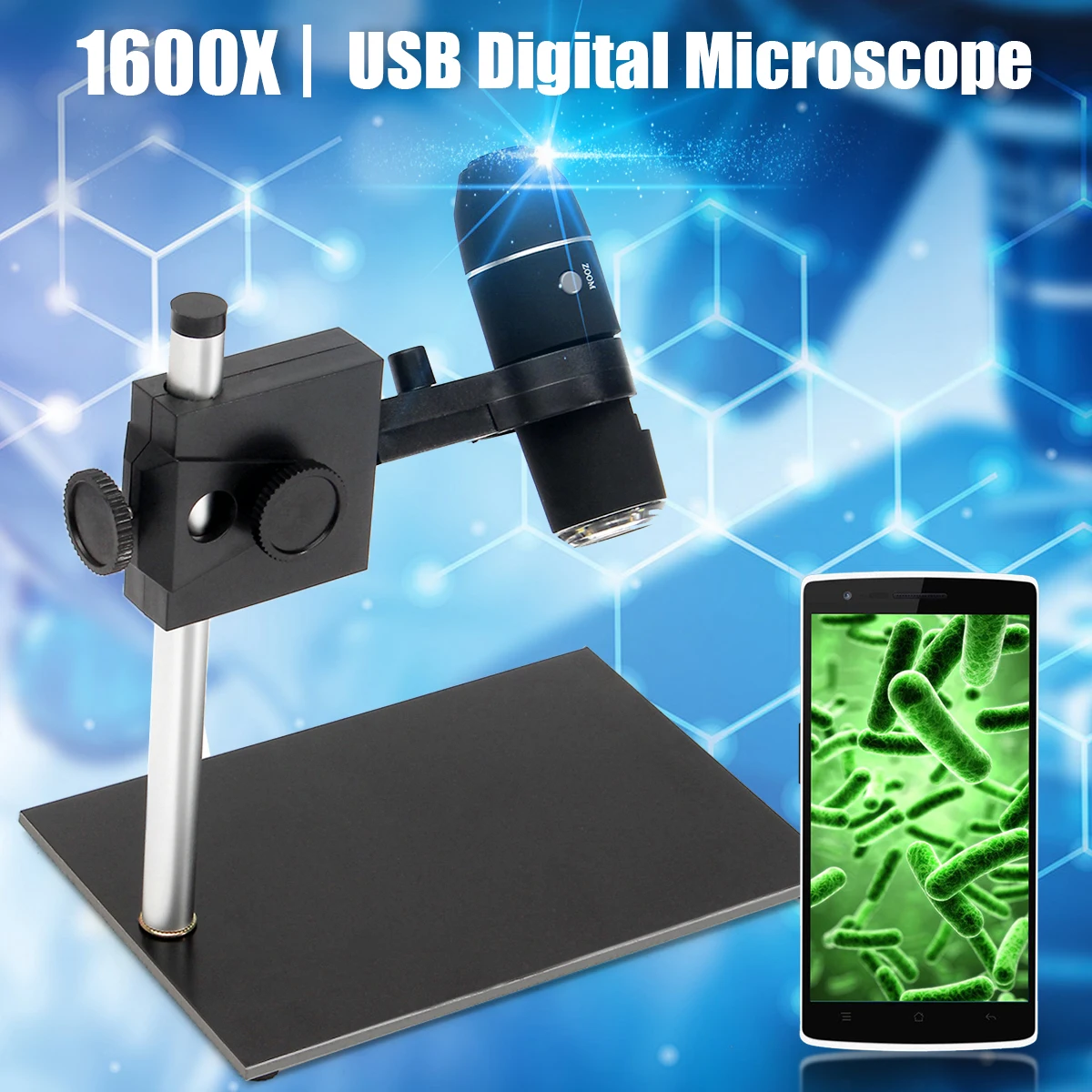 

8 LED 1600X USB Digital Microscope Magnifier Video Camera With Adjustable Stand Digital Zoom 6X Dynamic frames 30f/s Black