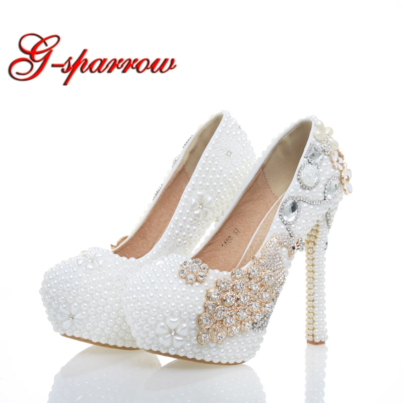 Fashion White Pearls Flower Rhinestone Wedding 14cm High Heels Phoenix