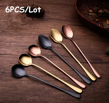 

3 colors of Stainless steel spoon Korean black ice spoon stirring thickened gold long handle long dessert coffee spoon 6PCS/lot