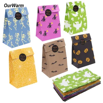 

OurWarm 12pcs Kraft Candy Bags Birthday Gift Bags Pumkin Spider Decoration Cookie Sweets Treat Bags Halloween Party Supplies