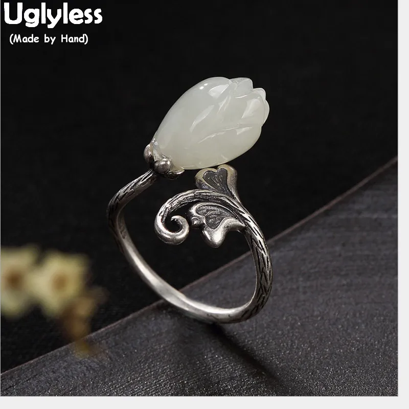 Uglyless 100% Real 925 Sterling Silver Handmade Leaf Rings for Women Thai Fine Jewelry Natural Jade Magnolia Finger Ring | Украшения и