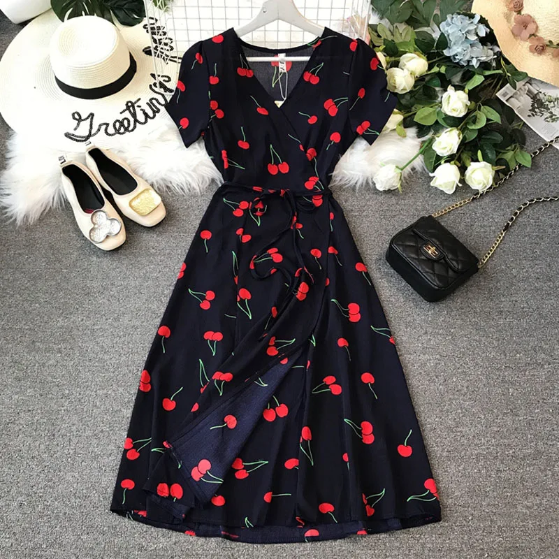 

Summer one-piece cherry long wrap dress with slim floral chiffon dress Women's fashion office lady V-neck Short sleeve dress