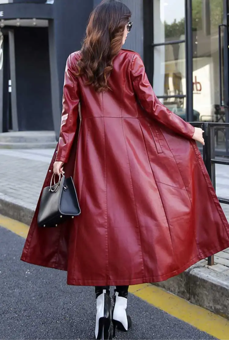5XL Новая Осенняя Толстая длинная куртка из искусственной кожи Женская парка выше колена модная Ветровка кожаная куртка пальто WZ787