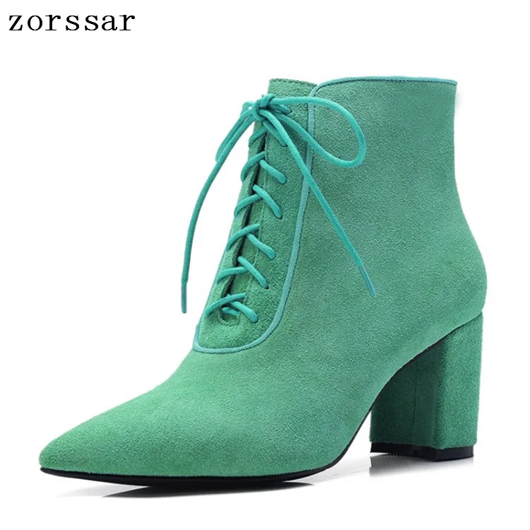 

{Zorssar} 2019 Fashion Solid Female short Boots Winter Suede Leather Square High heel Pointed Toe Women Ankle Boots Plus Size 43