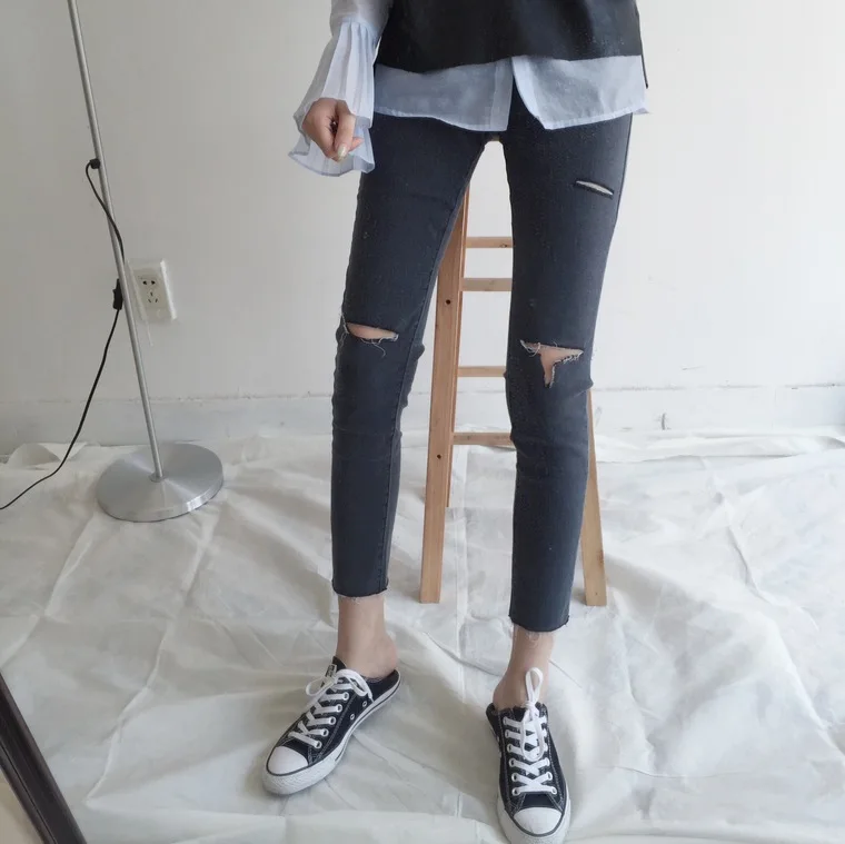 Джинсы Для женщин тощий отверстие Мода Высокая талия узкие брюки корейский стиль Универсальные ежедневно студенты молния Повседневное