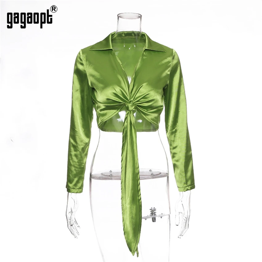 Gagaopt Новые укороченные топы с длинным рукавом Женские атласные пикантные