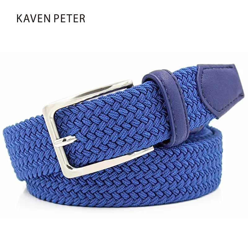 Men Blue Elastic Stretch Waist Belt Canvas Stretch Braided Elastic