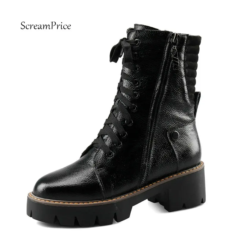 

Women Genuine Leather Comfort Thick Heel Martin Boots Fashion Zipper Platform Round Toe Warm Winter Bootie Black 2018 Shoes