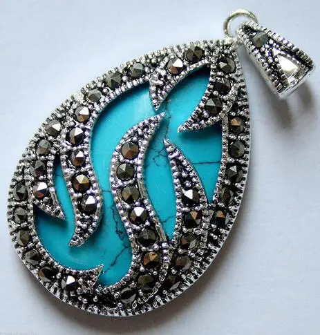 

3 color New 30x20mm Blue Turquoises Inlay Marcasite 925 Sterling Silver Necklace Pendant>>> Free shipping