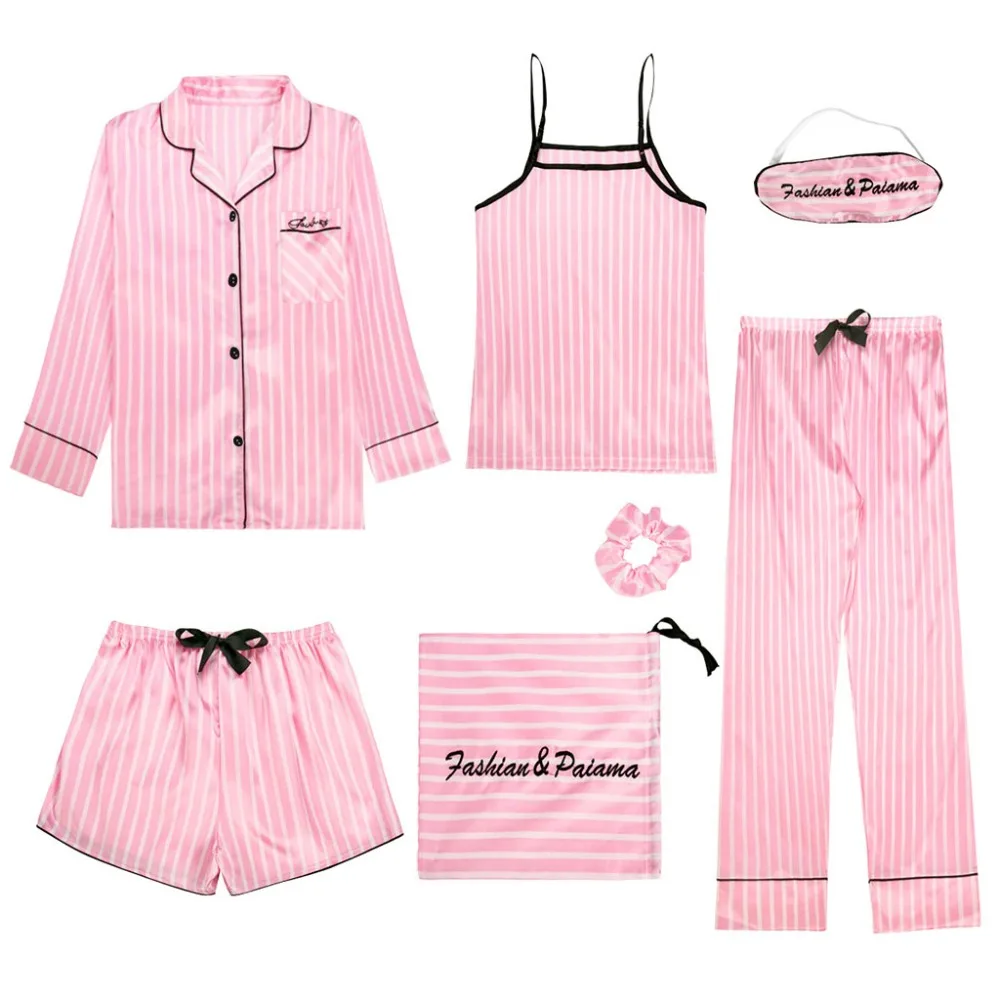 

7Pcs Pajamas Set Women Casual Faux Silk Sleepwear Striped Cute Lingerie Pink New N20_E