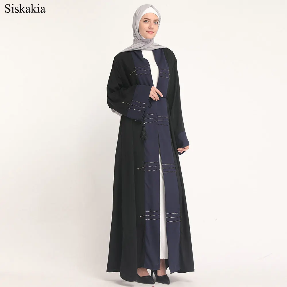 Siskakia Muslim Fashion Color Block Stitching Cardigan Robe Abaya Women Turkish Dubai Ramadan High Waist Sashes Female Abaya New (4)
