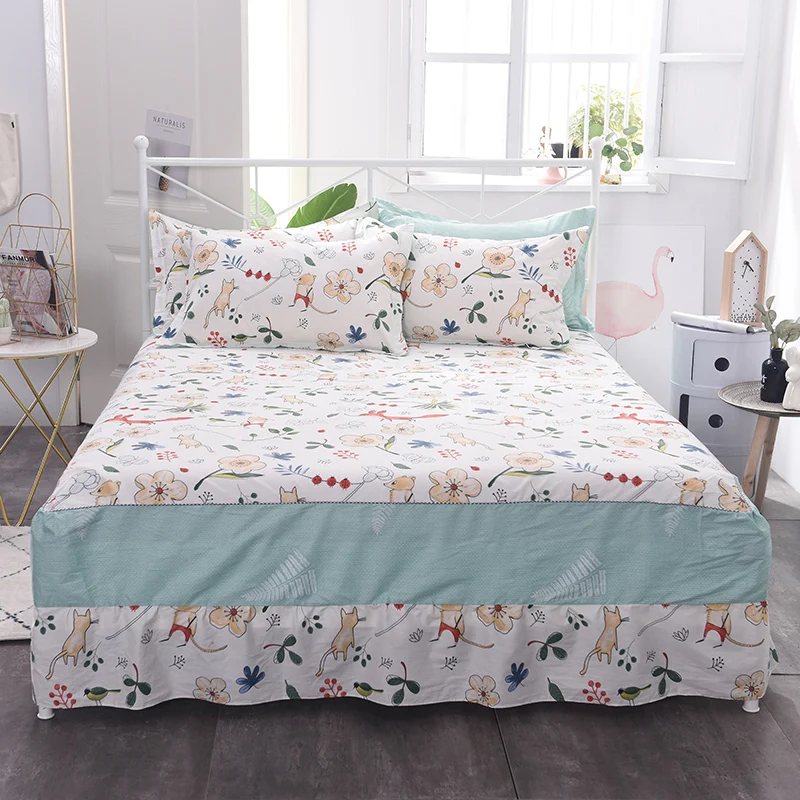 

Color Cartoon Print Pattern 3pcs Bedding Set 100% Cotton Bed Skirts Bedspread Bed Sheet For Full Queen Size Bed Cover Pillowcase