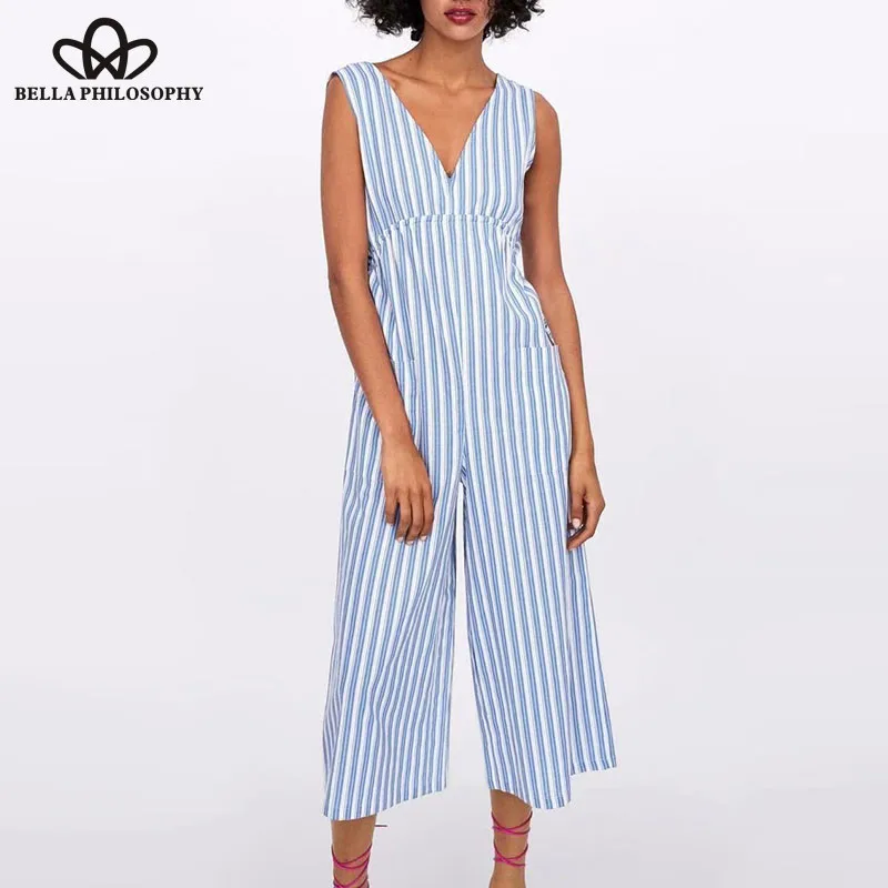 Summer Sleeveless Jumpsuits Vintage Striped Female Loose Elastic Jumpsuits Casual Street Wear Lady Pocket Rompers Wonder Store