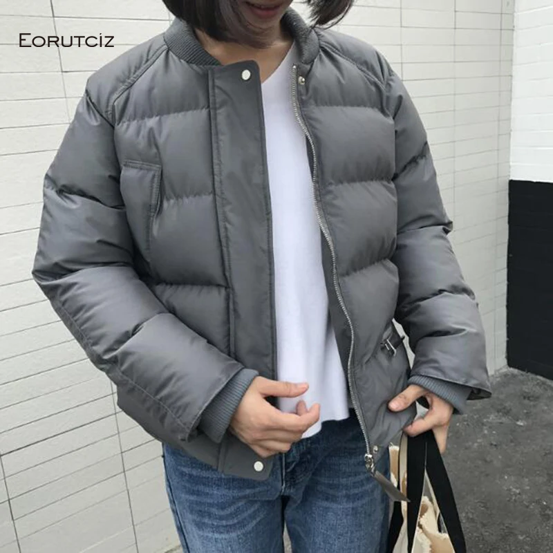 

Winter Bomber Jacket Women Parka Short Warm Thick Coat Oversize Harajuku Autumn Vintage White Pocket Outerwear LM077