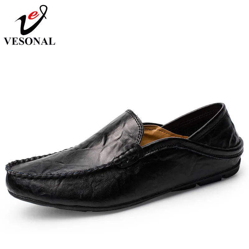 

VESONAL 2019 Leather Driver Male Loafers Shoes For Men Adult Spring Summer Breathable Light Moccasins Soft Boat Flat Footwear