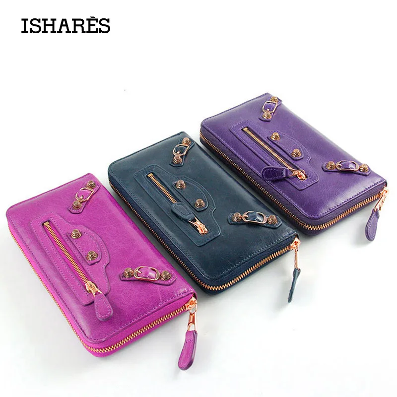 

ISHARES Oil Wax Paper Genuine Leather women Cool Clutch Wallet Top Quality Gold Zipper Rivet Solid Colors Purses Hot Sale IS6032