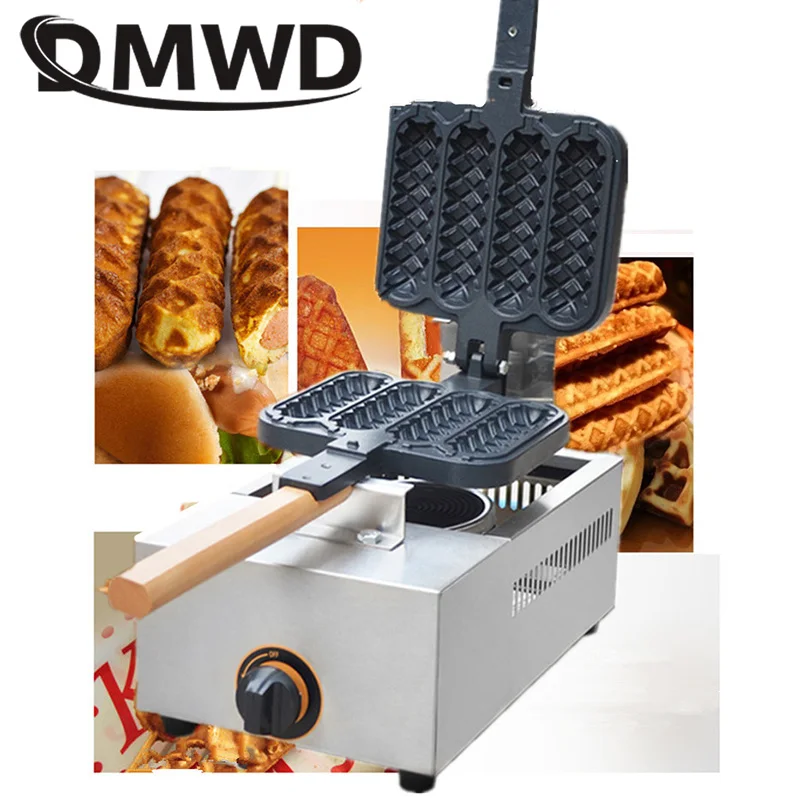 

DMWD Commercial gas French Sausage Lolly Waffle Maker 4 pcs non-stick Crispy Cone hot dog Muffin baking Machine Baker snack Iron