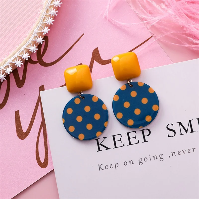 

2019 Geometric Round Wave Point Yellow Blue Contrast Acrylic Earrings Korean Square Hanging Fashion Women's Earrings Jewelry 1#