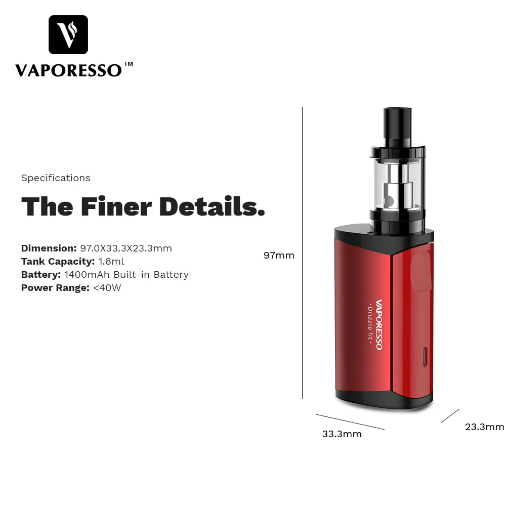 Оригинальный Vaporesso Drizzle Fit Starter Vape Kit с баком 1 8 мл и встроенной батареей 1400 мАч
