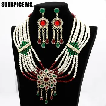 

Sunspicems Flower Bead Pearl Jewelry Sets Moroccan Long Drop Earring Necklace Big Pendant For Women Ethnic Wedding Bridal Gift