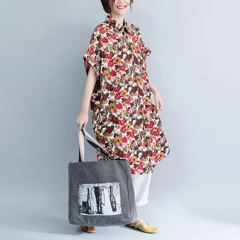 

Johnature 2019 Summer New Floral Print Loose Long Womens Tops And Blouses Casual Korean Turn-down Collar Half Sleeve Shirts