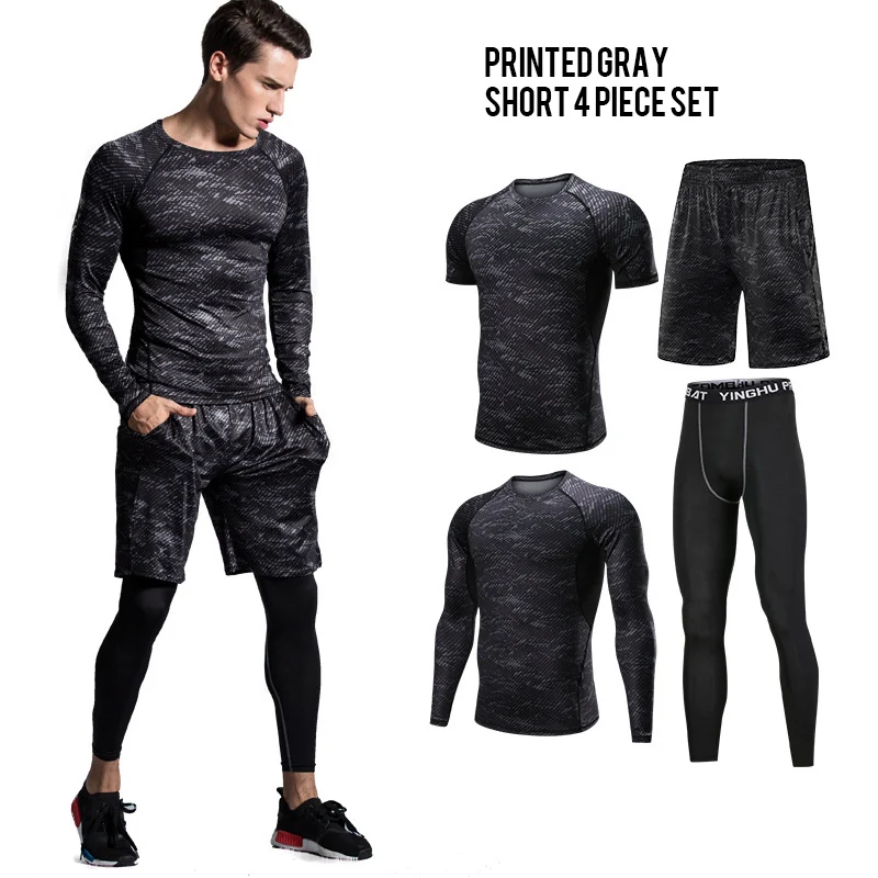 

BINTUOSHI 4Pcs Men's Sports Suit Male Fast-drying Fitness Set Running Training Elastic Tight-fitting Set Printed Breathable Suit