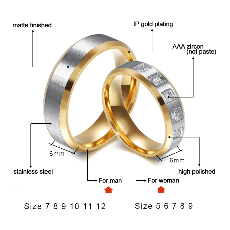 Meaeguet 1 Pair Stainless Steel Couple Ring Set For Women Men Gold-color Wedding Engagement Jewelry