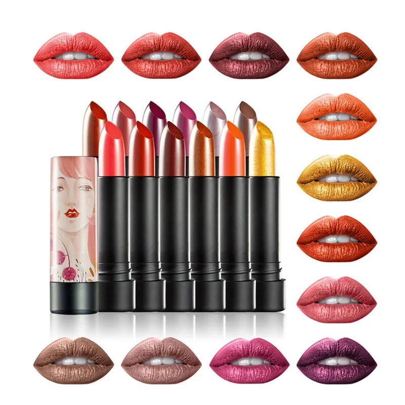 

HUAMIANLIProfessional Metallic Lipstick Metal Glitter Matte Nude Lips Sticks Gloss Tools Cosmetics 12 Colors Makeup gift