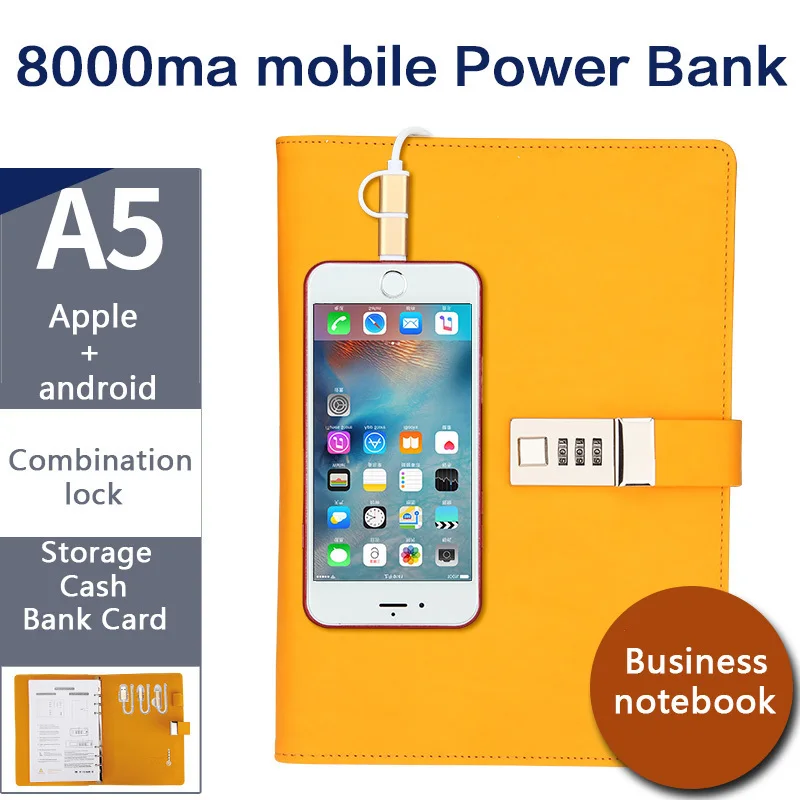 

Travelers Notebook & Power Bank A5 multi-function note book with lock Binder Spiral Diary Weekly Planner Agenda Storage Cash
