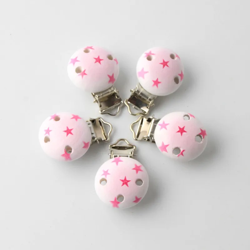 

Pink Color Safe Wooden Baby Pacifier Clips Fit Children Funny Clasps Metal Holders Star Pattern Baby Clips Product 5Pcs/Lot
