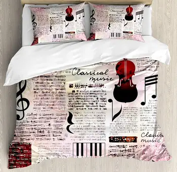 

Old Newspaper Decor Duvet Cover Set Queen Size Classical Music Theme Instruments Piano Violin Notes Symbols Decorative 4 Piece