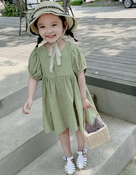 Милое однотонное свободное платье в Корейском стиле для девочек повседневные однобортные платья из хлопка 2-6Y - Цвет: Зеленый
