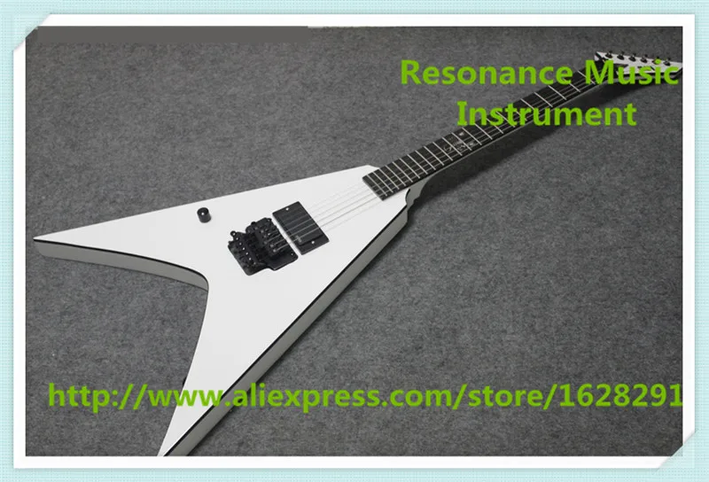 

China Custom Guitar Factory Scorpion Inlay Flying V Electric Guitar With Floyd Rose Tremolo In Glossy White