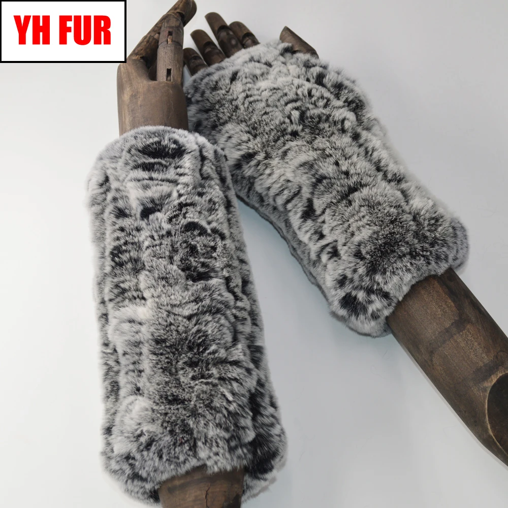 

New Good Elastic Women Real Natural Knitted Rex Rabbit Fur Fingerless Gloves Mittens Winter Fashion Warm Rex Rabbit Fur Mittens